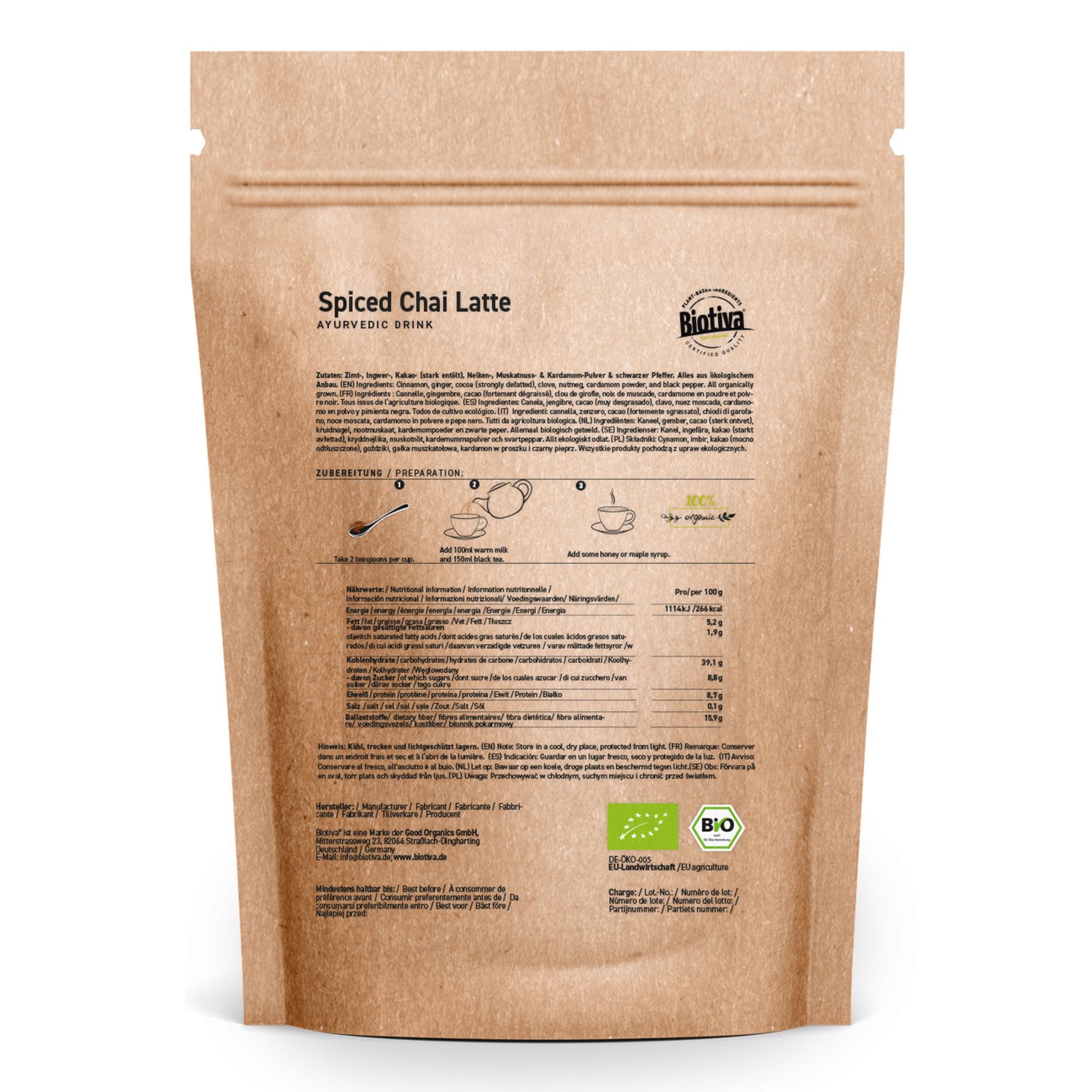 Confezione in carta marrone con testo e loghi. Retro con elenco ingredienti, istruzioni per la preparazione ed etichetta biologica. Marchio Biotiva.