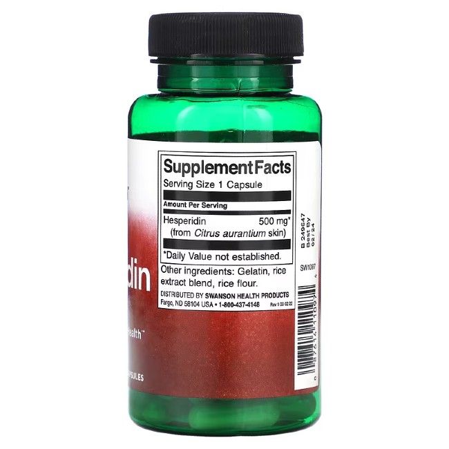 Retro di flacone verde con tappo nero. Etichetta con informazioni nutrizionali: Esperidina 500 mg.