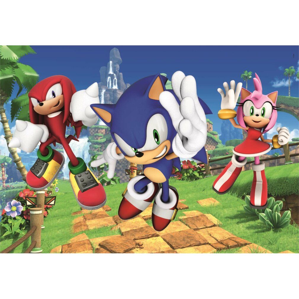 Motivo puzzle con Sonic e amici. Personaggi: Sonic, Knuckles, Amy. Sfondo: paesaggio con sentiero e alberi. Colori vivaci.