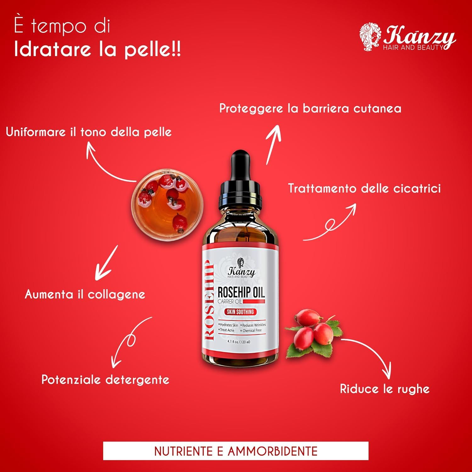 Flacone di vetro marrone con pipetta. Scritta: Rosehip Oil. Benefici: barriera cutanea, cicatrici, rughe, collagene, detergente. Testo: Nutriente & emolliente.