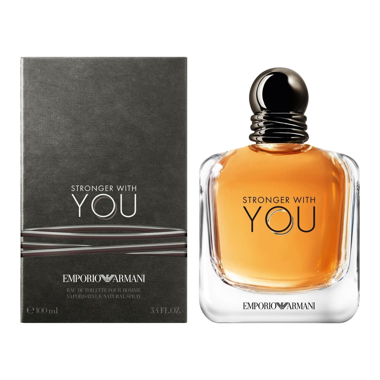 Flacone in vetro e confezione. Scritta: STRONGER WITH YOU, EMPORIO ARMANI. Flacone: 100ml.