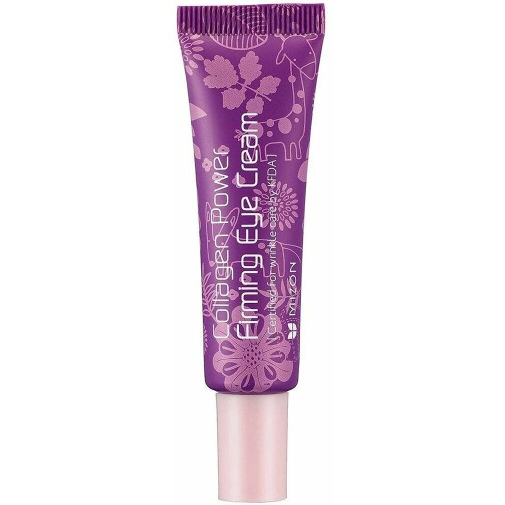 Tubo viola MIZON Collagen Power Firming Eye Cream. Motivi floreali. Tappo rosa. Testo: Collagen Power Firming Eye Cream.