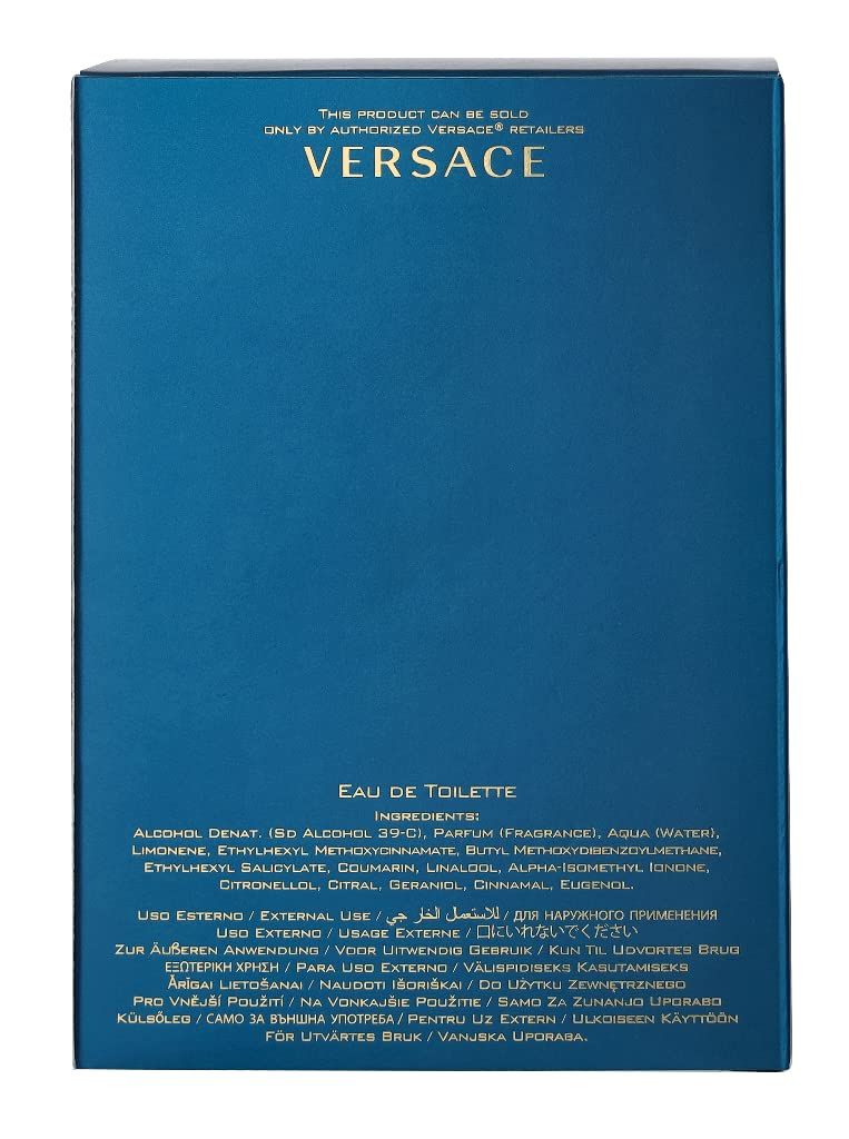 Scatola blu con ingredienti e testo multilingue. Scritta: VERSACE. Eau de Toilette.
