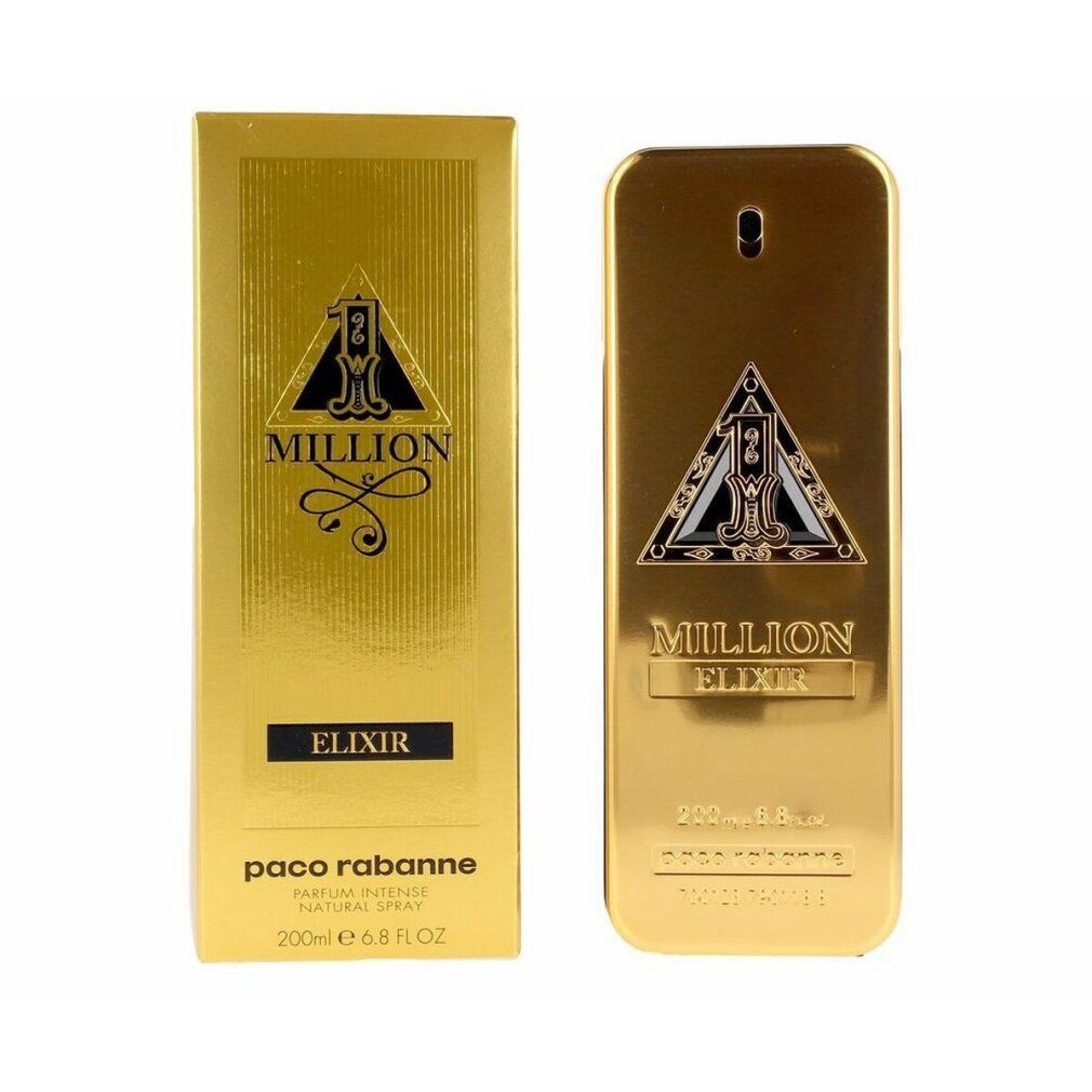 Flacone e confezione dorati. Scritta: Million Elixir, Paco Rabanne. Forma rettangolare.