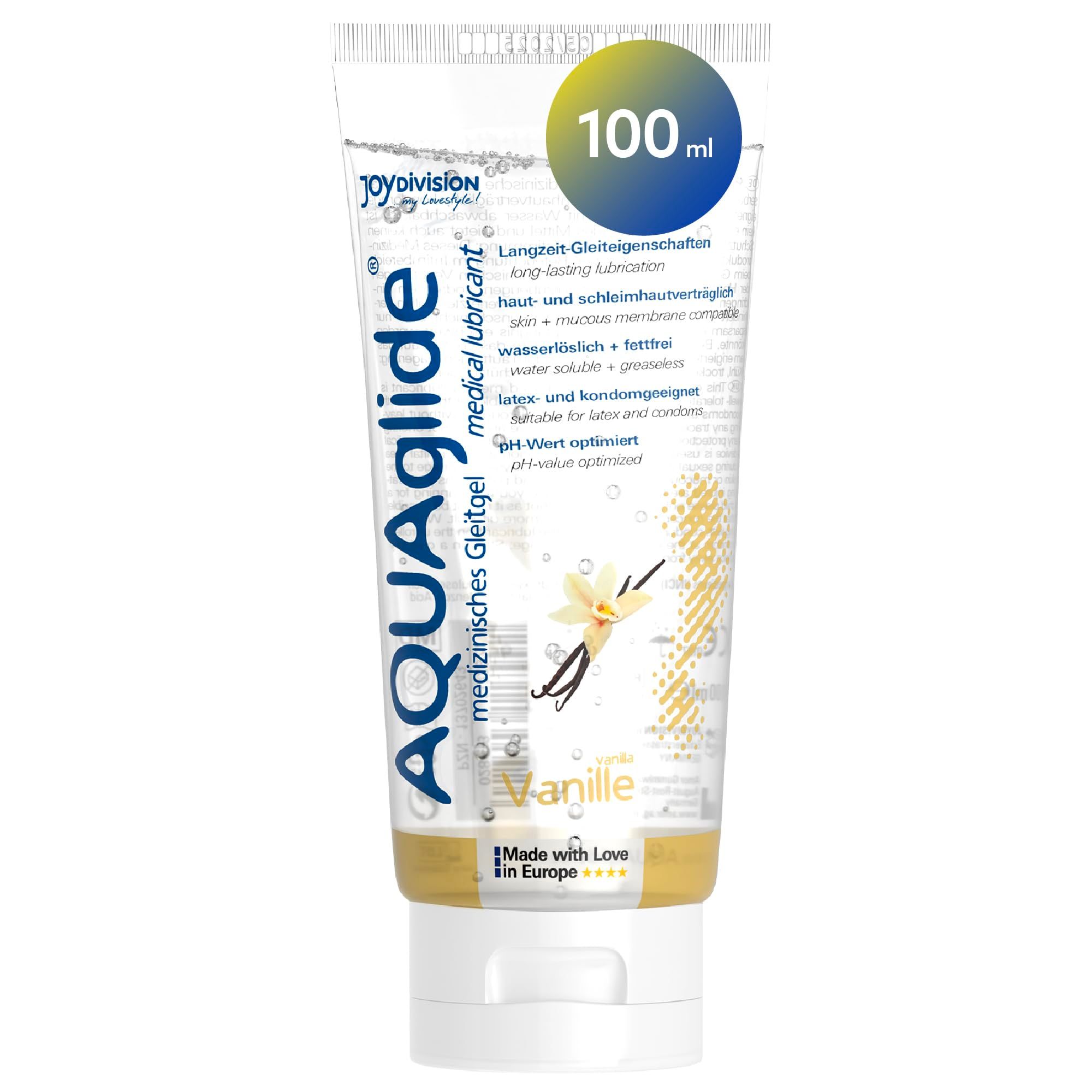 Tubo di gel lubrificante AQUAGLIDE Vaniglia con fiore e baccelli di vaniglia. Testato dermatologicamente.
