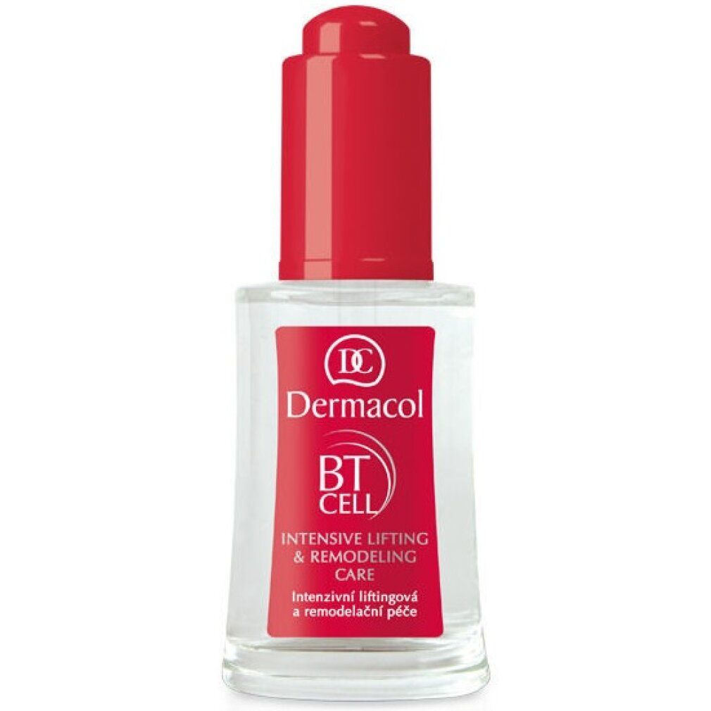 Flacone di siero trasparente con tappo rosso. Nome e logo del prodotto sull'etichetta. Testo: BT CELL, Intensive Lifting & Remodeling Care.