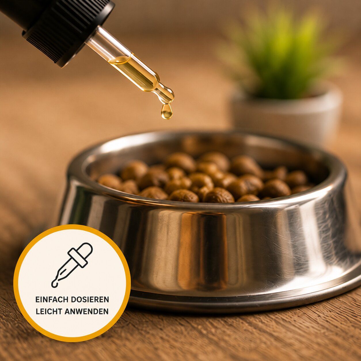 Un contagocce versa olio in una ciotola per cibo per animali.