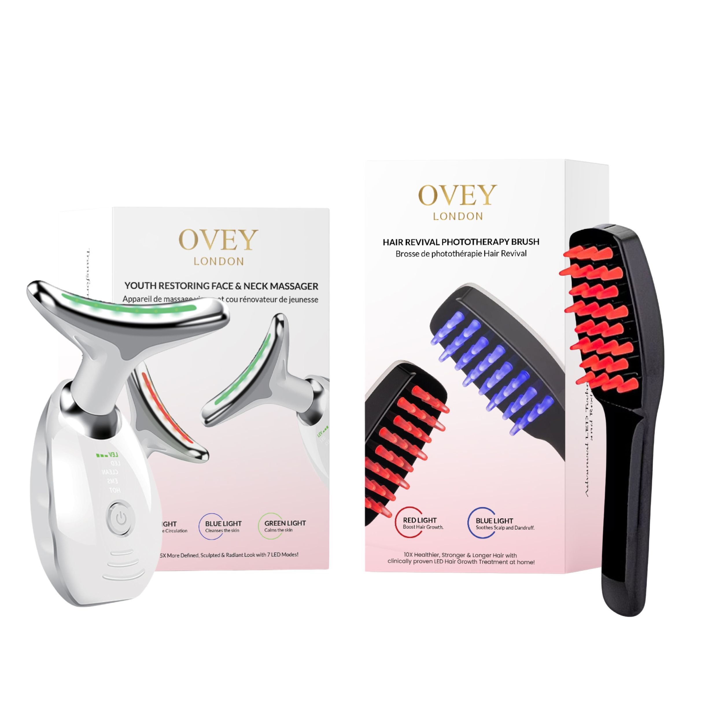 Due confezioni di prodotti. A sinistra: massaggiatore facciale. A destra: spazzola per capelli con LED rossi e blu. Entrambi i prodotti sono confezionati in bianco.