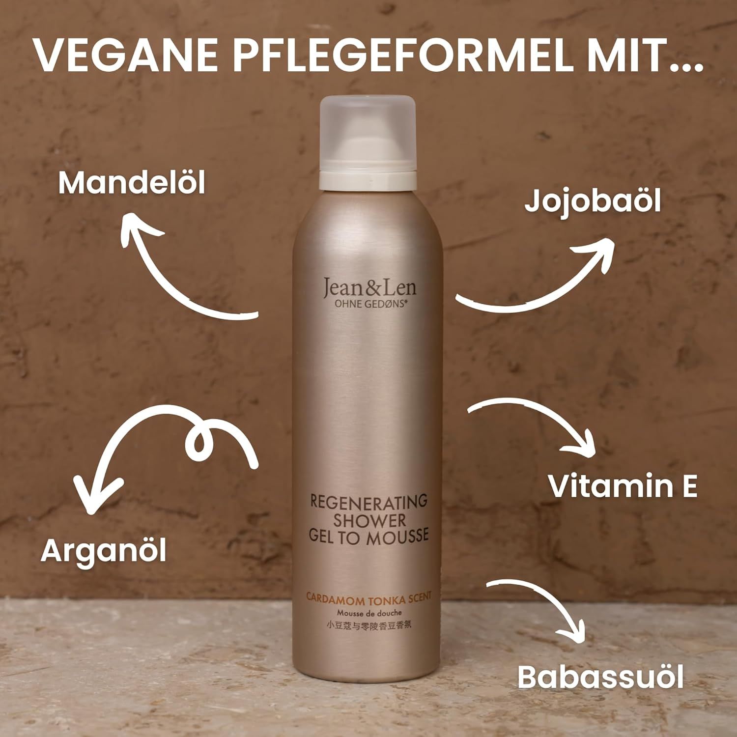 Flacone beige con tappo bianco. Testo: Jean & Len, Regenerating Shower Gel To Mousse. Frecce verso oli e vitamina E.