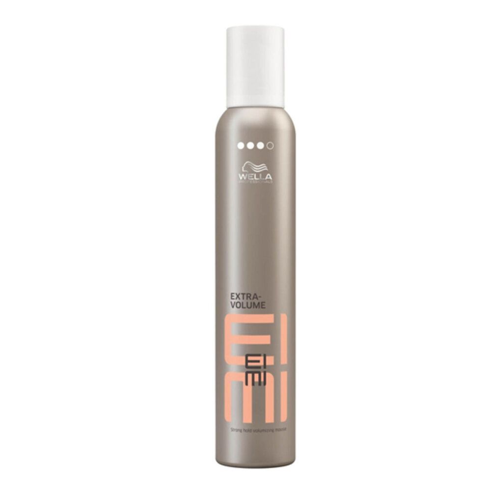 Flacone di schiuma per capelli con tappo bianco. Scritta: EIMI EXTRA VOLUME. Marchio: Wella.