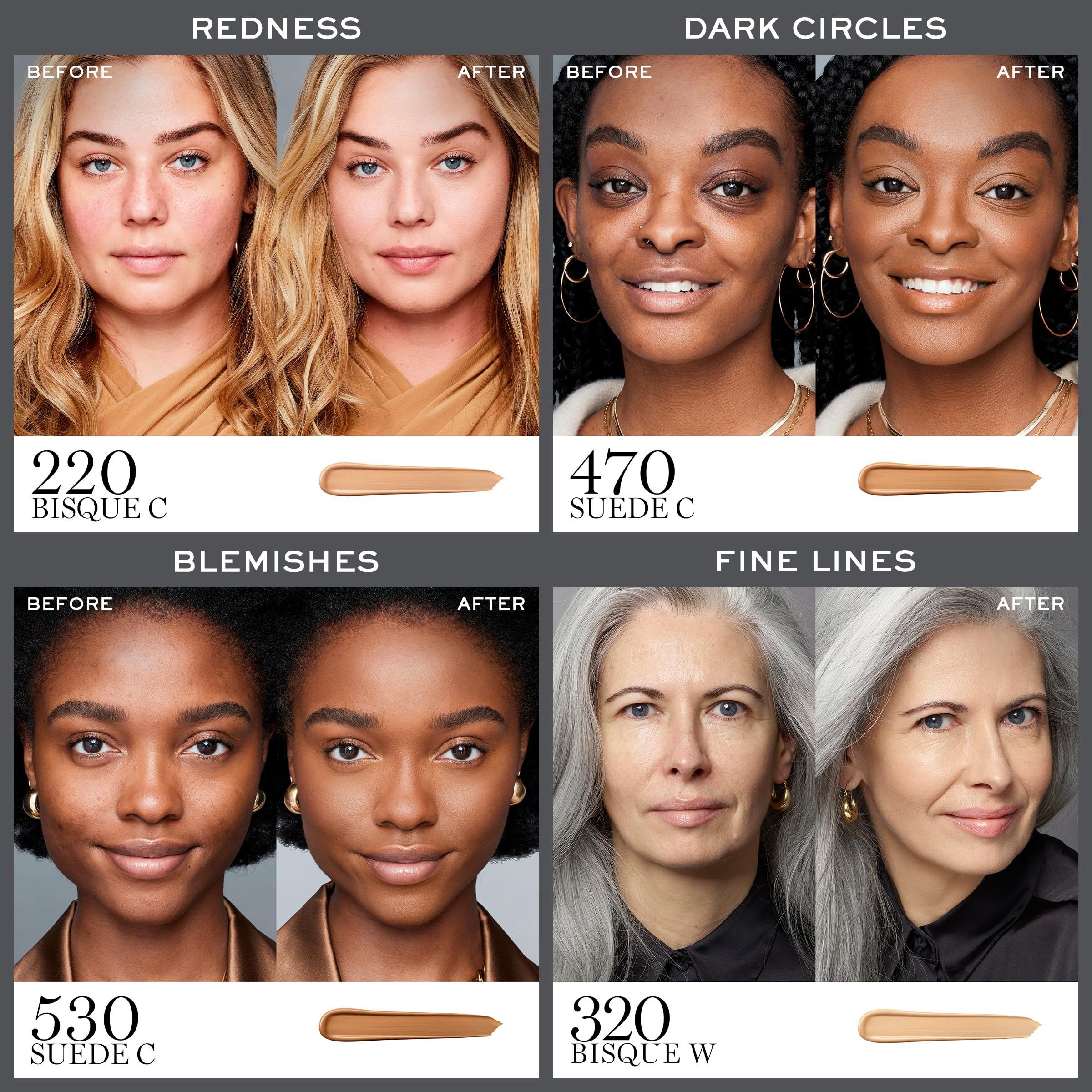 Confronti prima-dopo. Quattro coppie di volti che mostrano l'effetto del correttore. Nome del prodotto e marchio visibili.