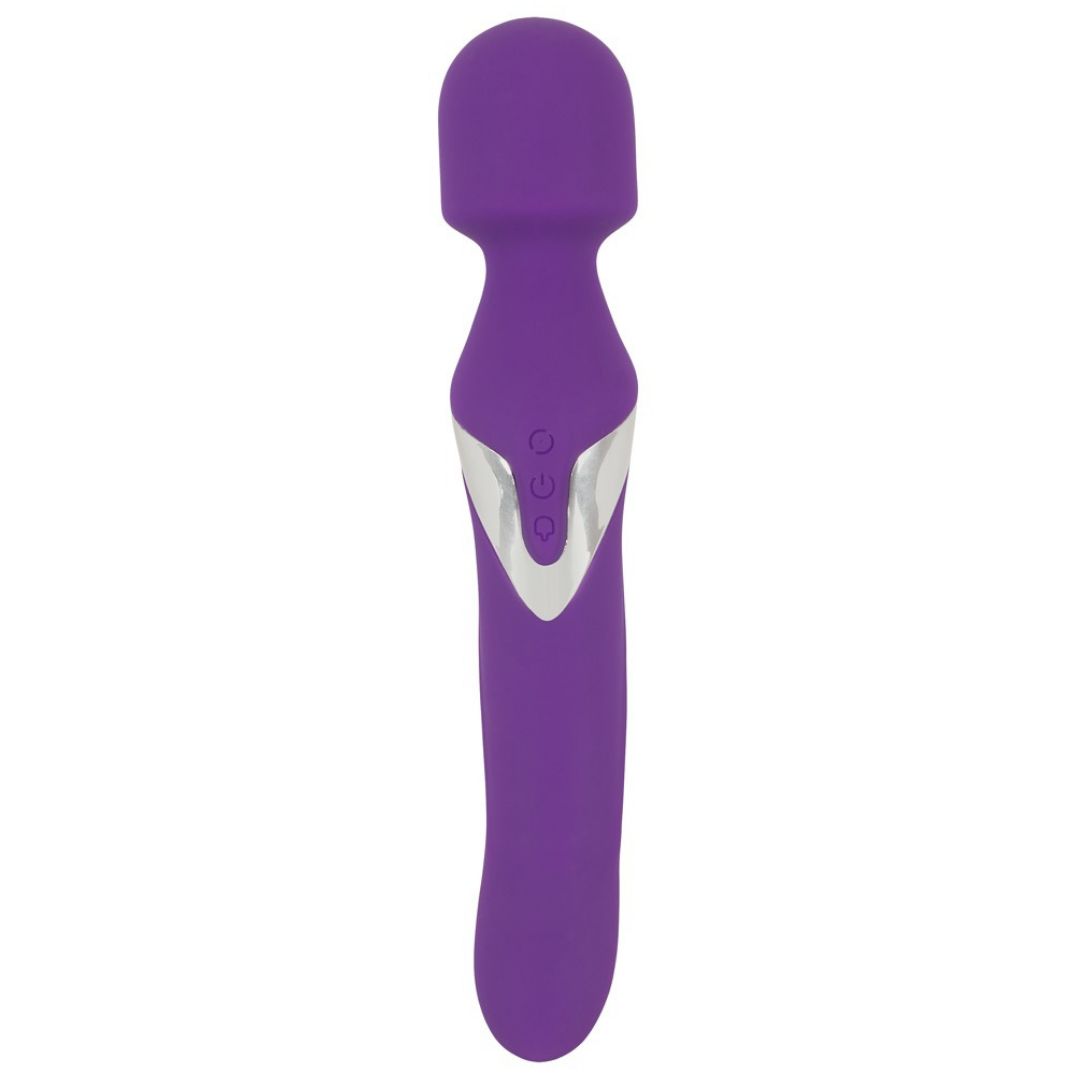 Vibratore viola con testa arrotondata. Dettagli argentati con tre pulsanti. Forma affusolata.