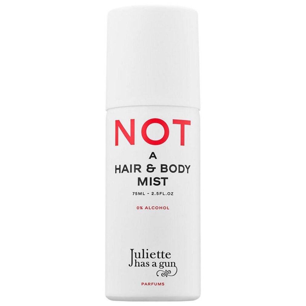 Flacone cilindrico con vaporizzatore. Scritta: NOT A HAIR & BODY MIST. 0% alcool. Marchio: Juliette has a gun.