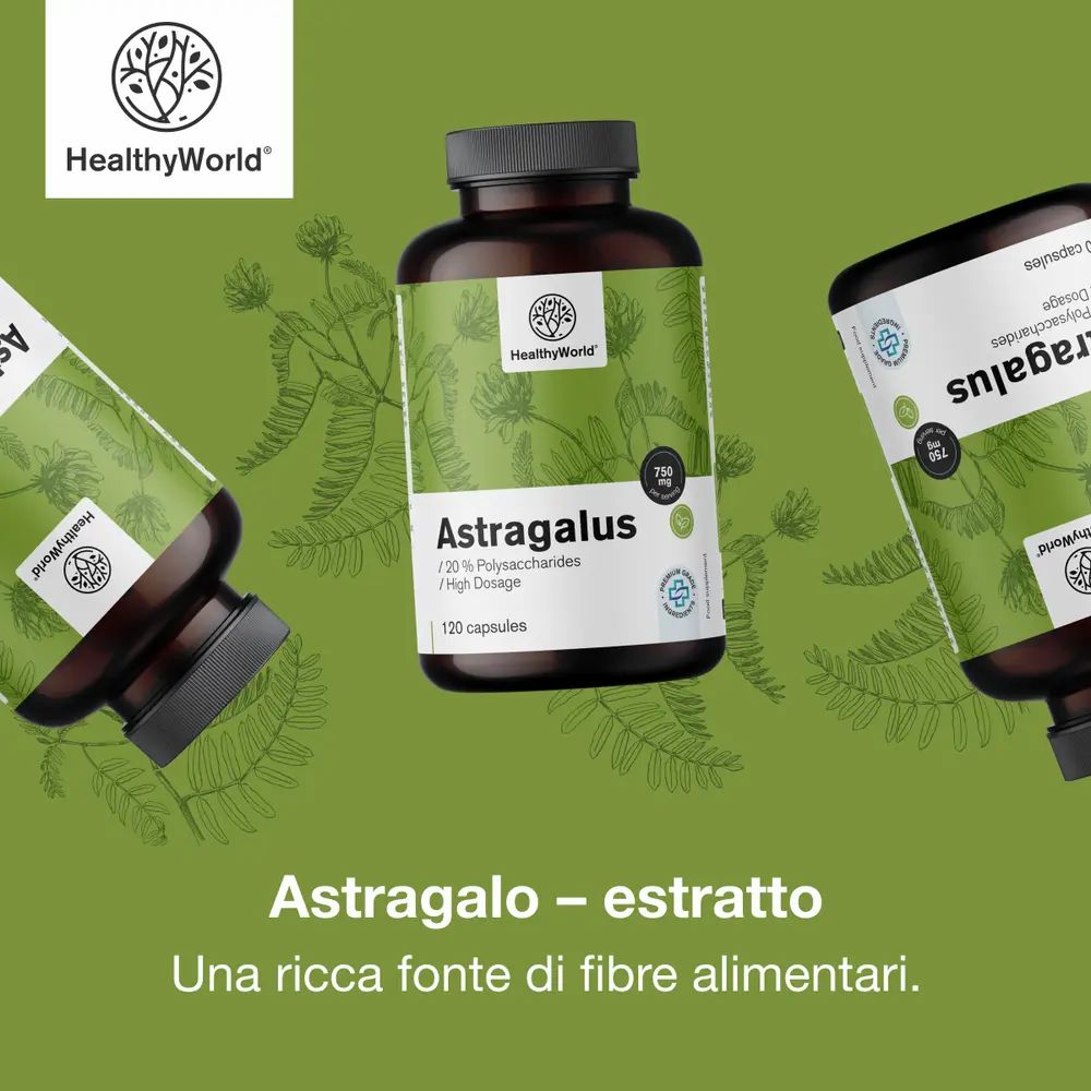 Tre bottiglie di estratto di Astragalo su sfondo verde con motivo a foglie.