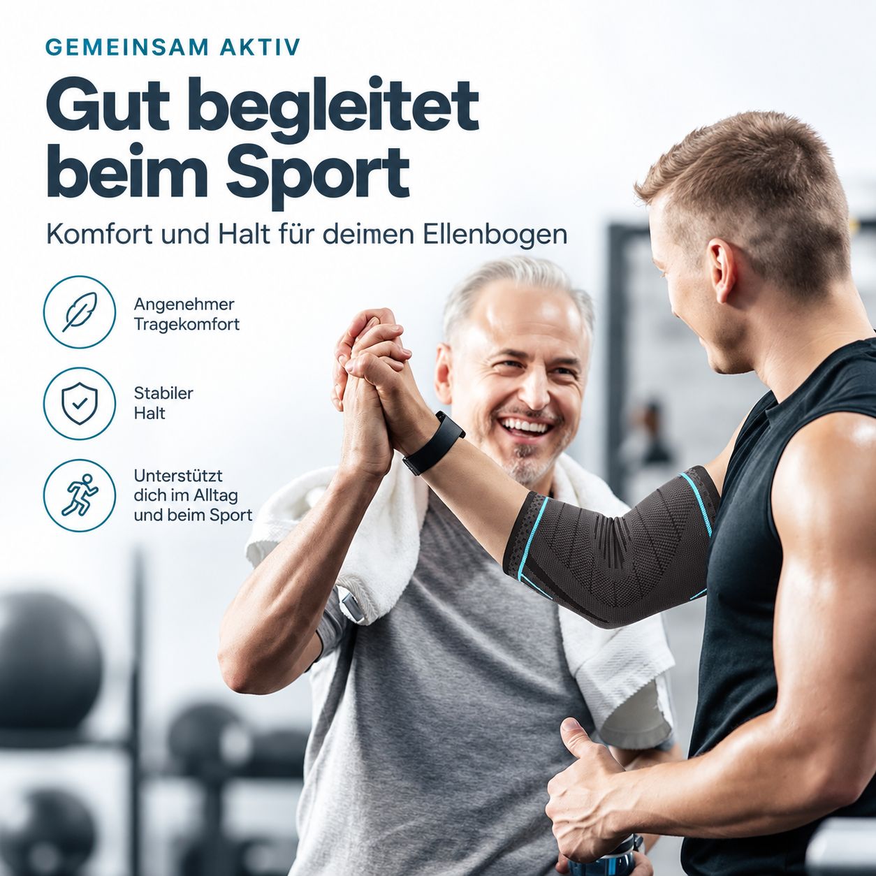 Due uomini in palestra, uno indossa una gomitiera che offre supporto sportivo.