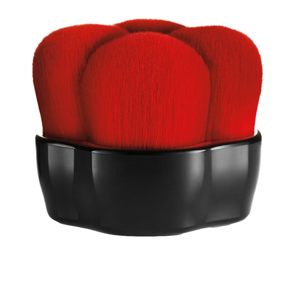 Pennello cosmetico nero con testina rossa a forma di fiore. L'impugnatura è lucida.