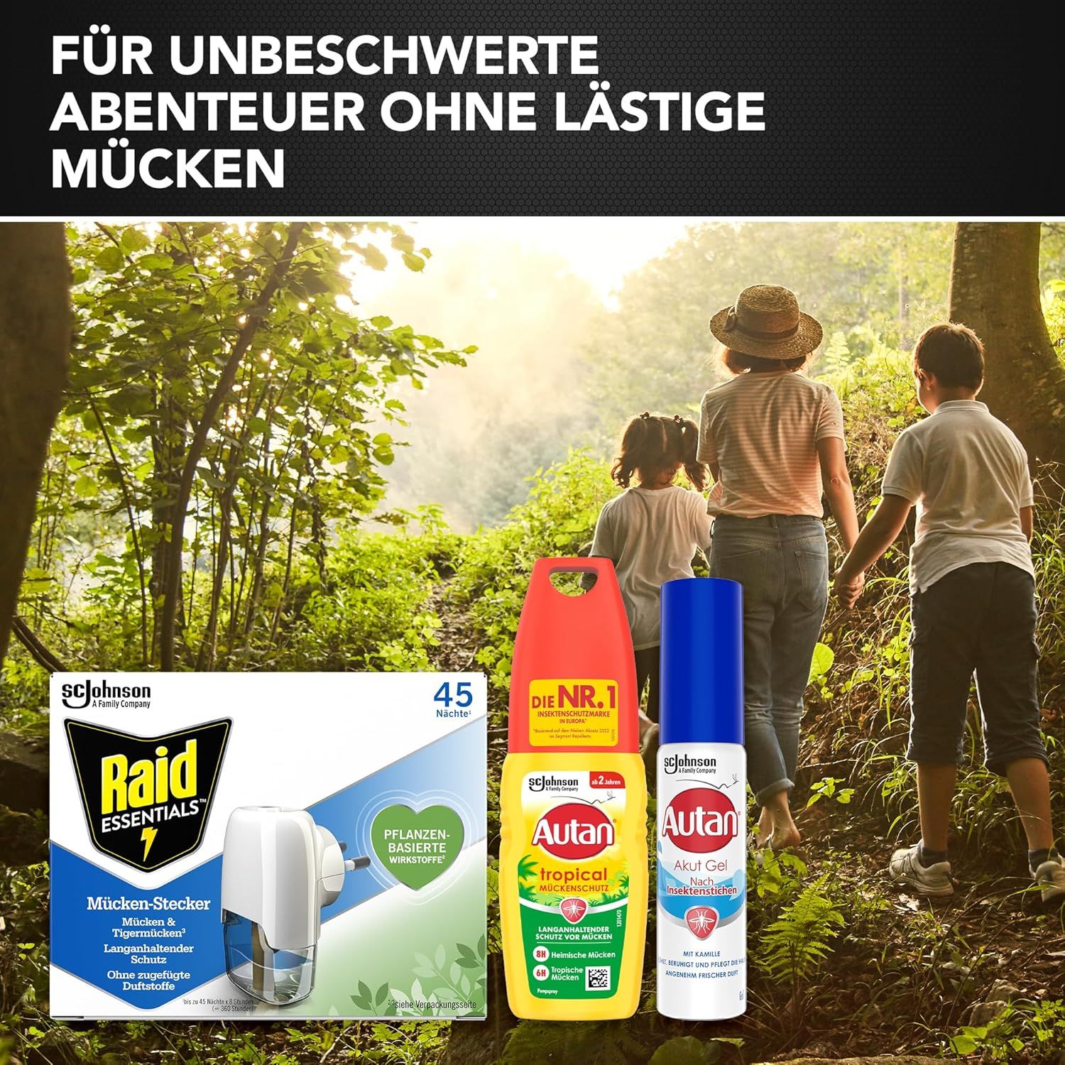 Raid Essentials antizanzare, Autan Tropical e Akut Gel. Famiglia che cammina nel bosco. Testo: Per avventure spensierate.