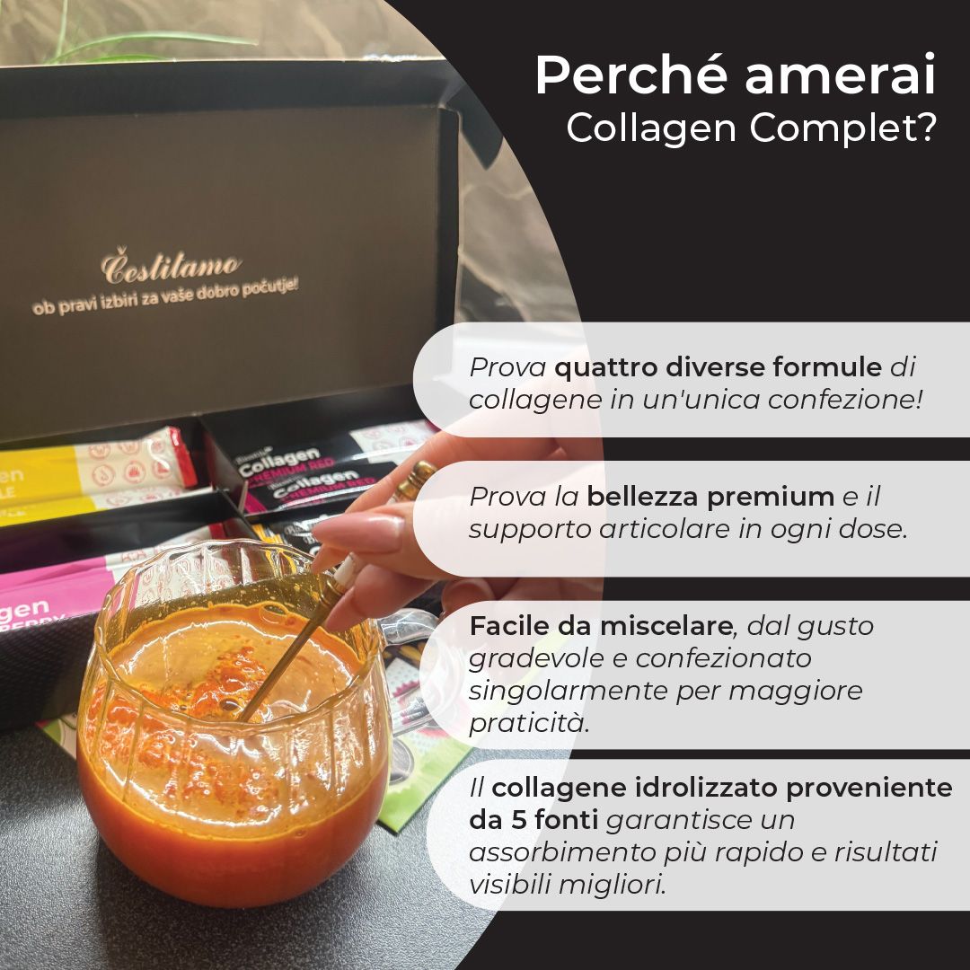 Confezione Biostile Collagen Komplett con testo e icone, sfondo verde.