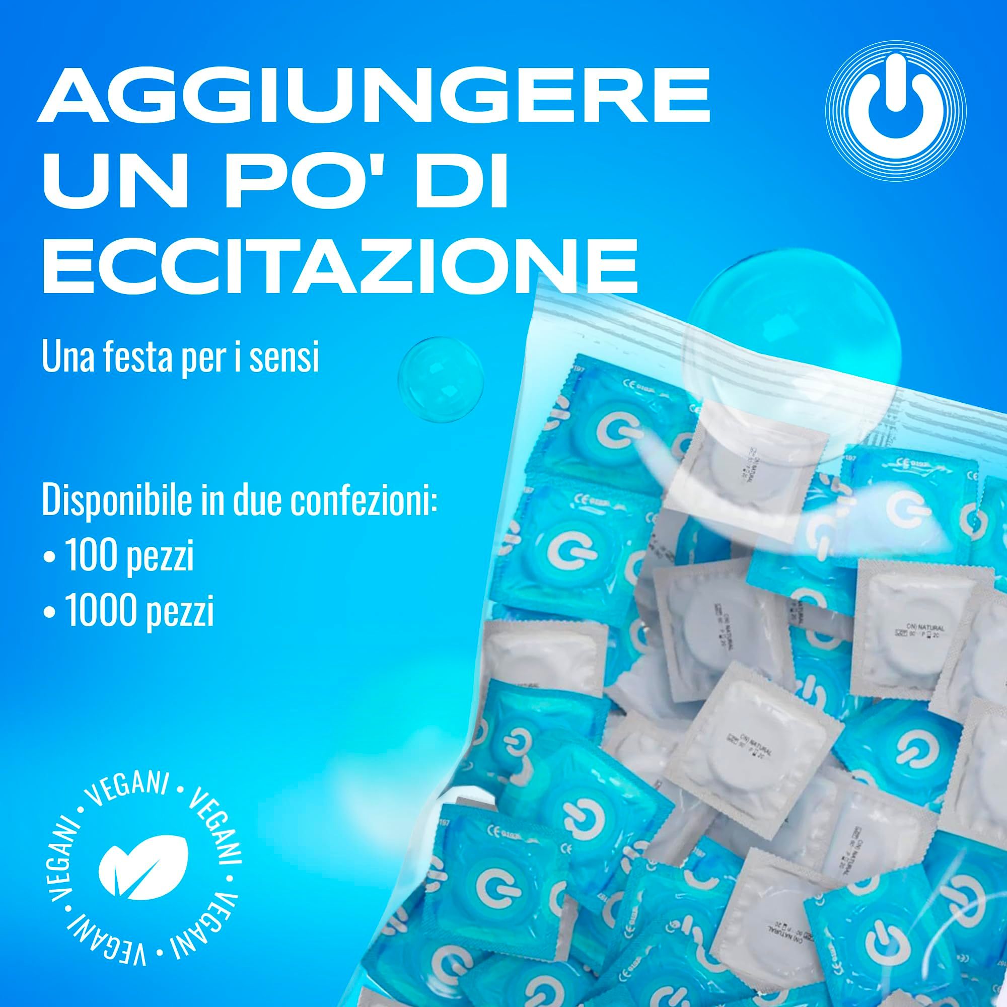 Preservativi ON) Clinic, vegani, confezioni da 100 o 1000 pezzi, bustine singole blu.