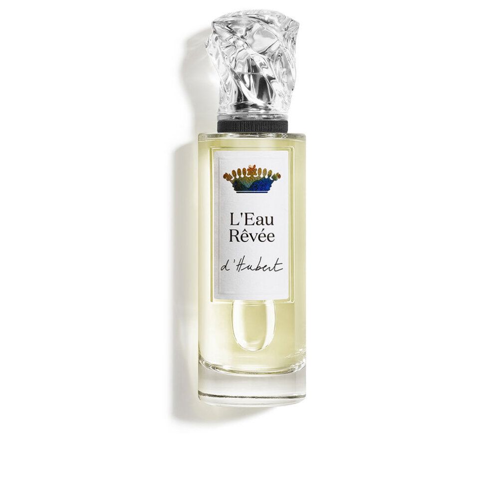 Flacone in vetro con contenuto trasparente. Scritta: L'Eau Rêvée d'Hubert. Tappo: a forma di cristallo.