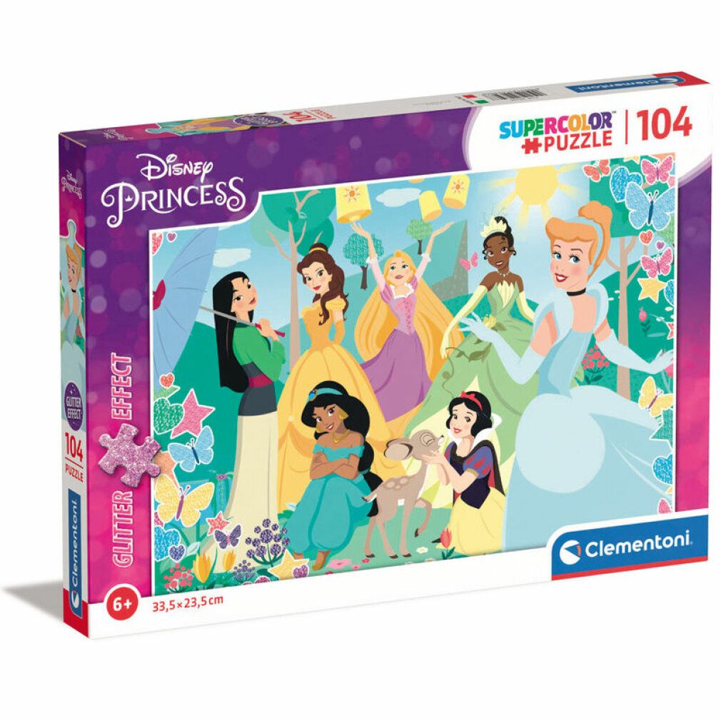 Scatola puzzle con motivo Principesse Disney. Contiene 104 pezzi. Marchio Clementoni. Per bambini dai 6 anni in su. Dimensioni: 33,5 x 23,5 cm. Puzzle Supercolor.