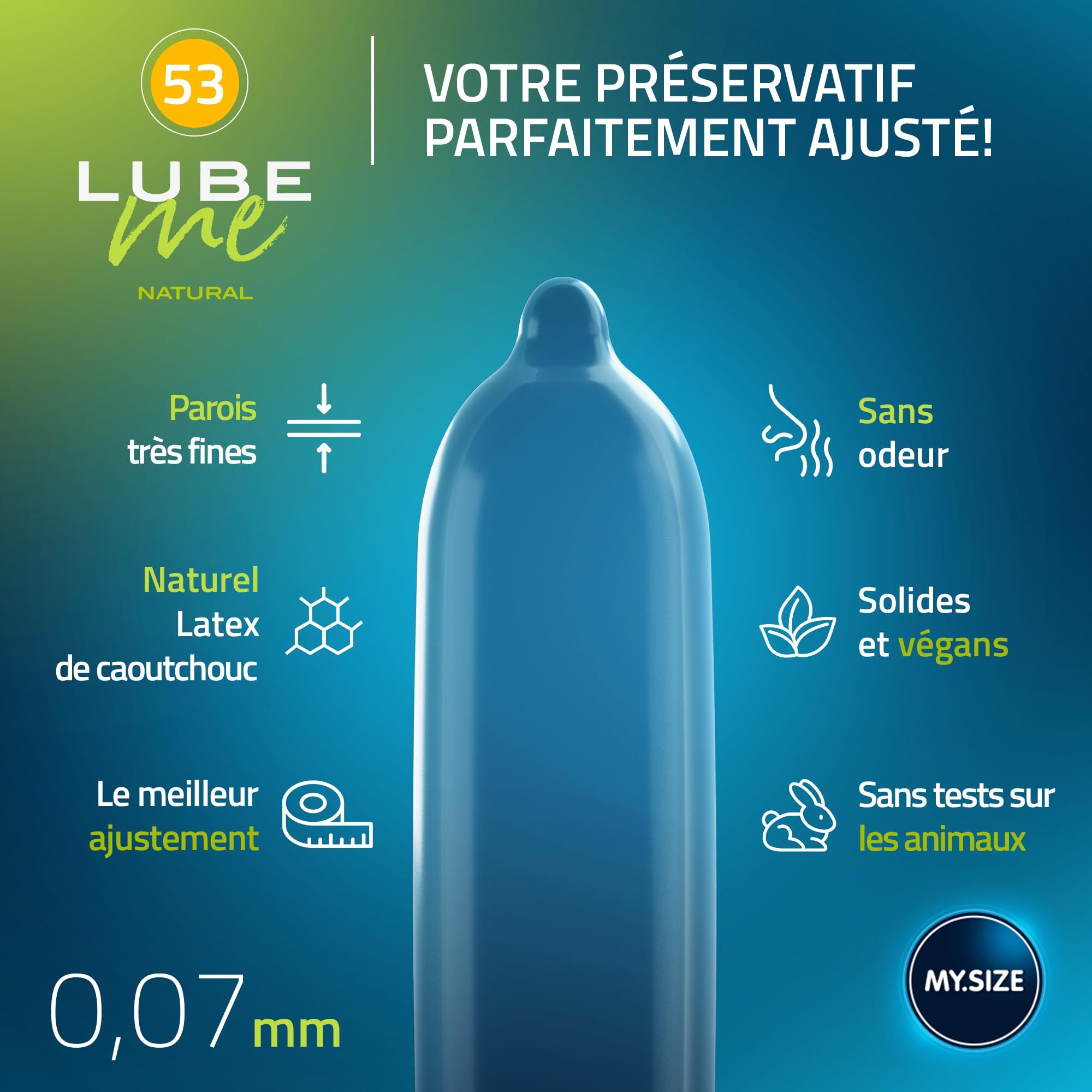 Preservativo blu in lattice di gomma naturale, spessore 0,07 mm, inodore, solido e vegano, non testato su animali.