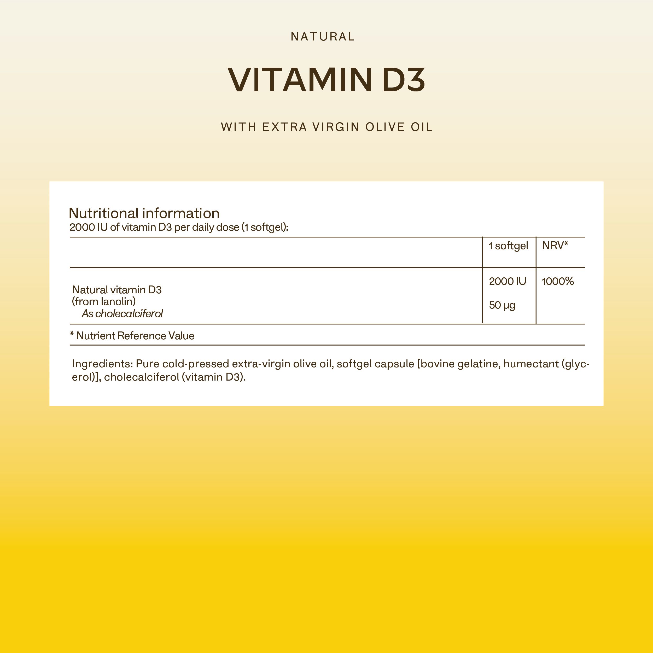 Testo su sfondo giallo. Scritte: Vitamina D3, informazioni nutrizionali, ingredienti.