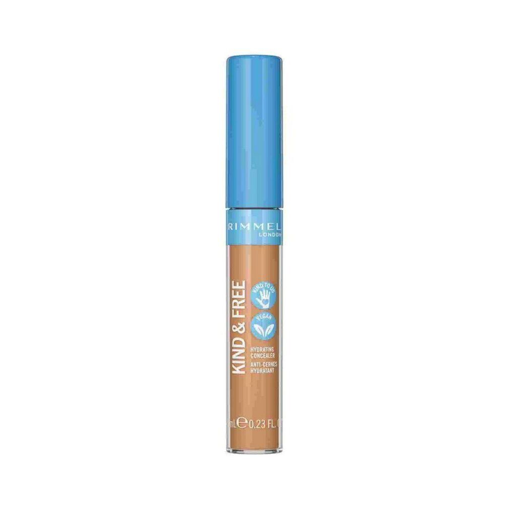 Tubo correttore con tappo blu. Scritta KIND & FREE, Rimmel London. Tonalità 30-Medium. Sigillo vegano.