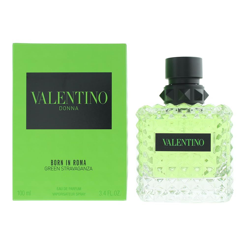 Scatola e flacone rettangolari verdi. Sulla scatola, VALENTINO DONNA. Sul flacone, VALENTINO.