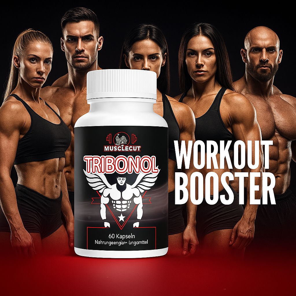Flacone di capsule con etichetta Tribonol davanti a persone muscolose. Scritta: Workout Booster, 60 capsule.