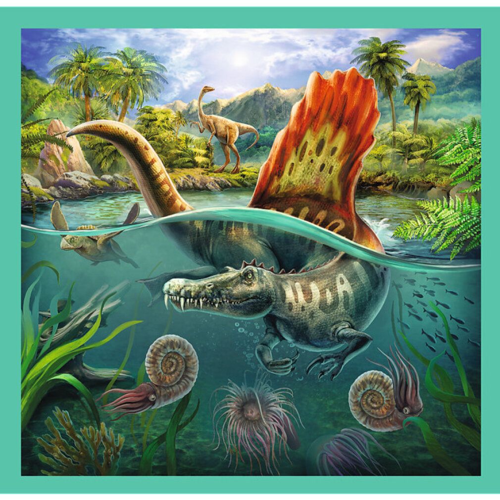 Puzzle con un dinosauro in un paesaggio. Mostra un Velociraptor e un paesaggio vulcanico.