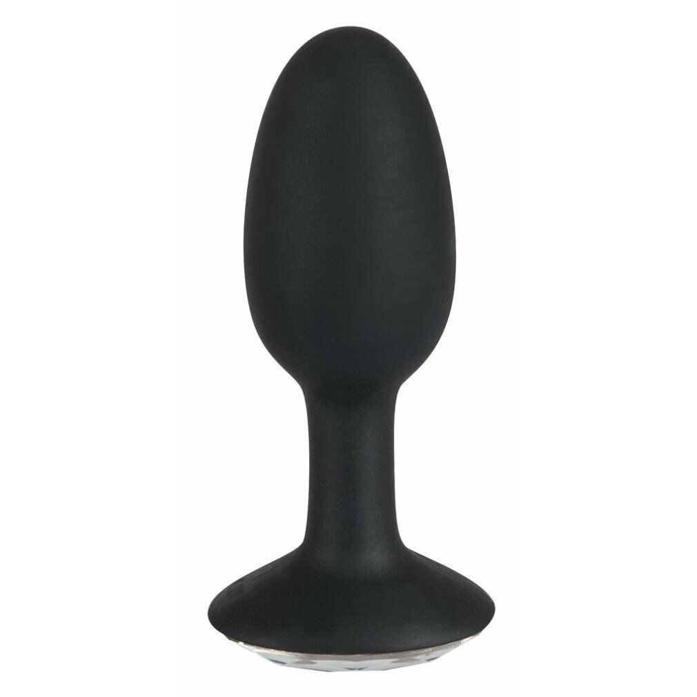 Plug anale nero in silicone. Stelo conico, base rotonda con aspetto diamante trasparente.