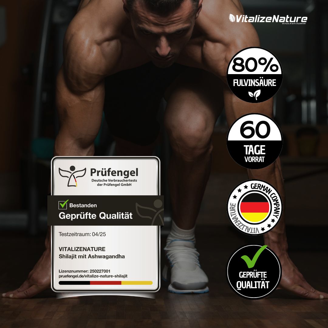 Uomo che si riscalda. Loghi di prodotto e certificazioni. 80% acido fulvico, 60 giorni di scorta. Qualità verificata.