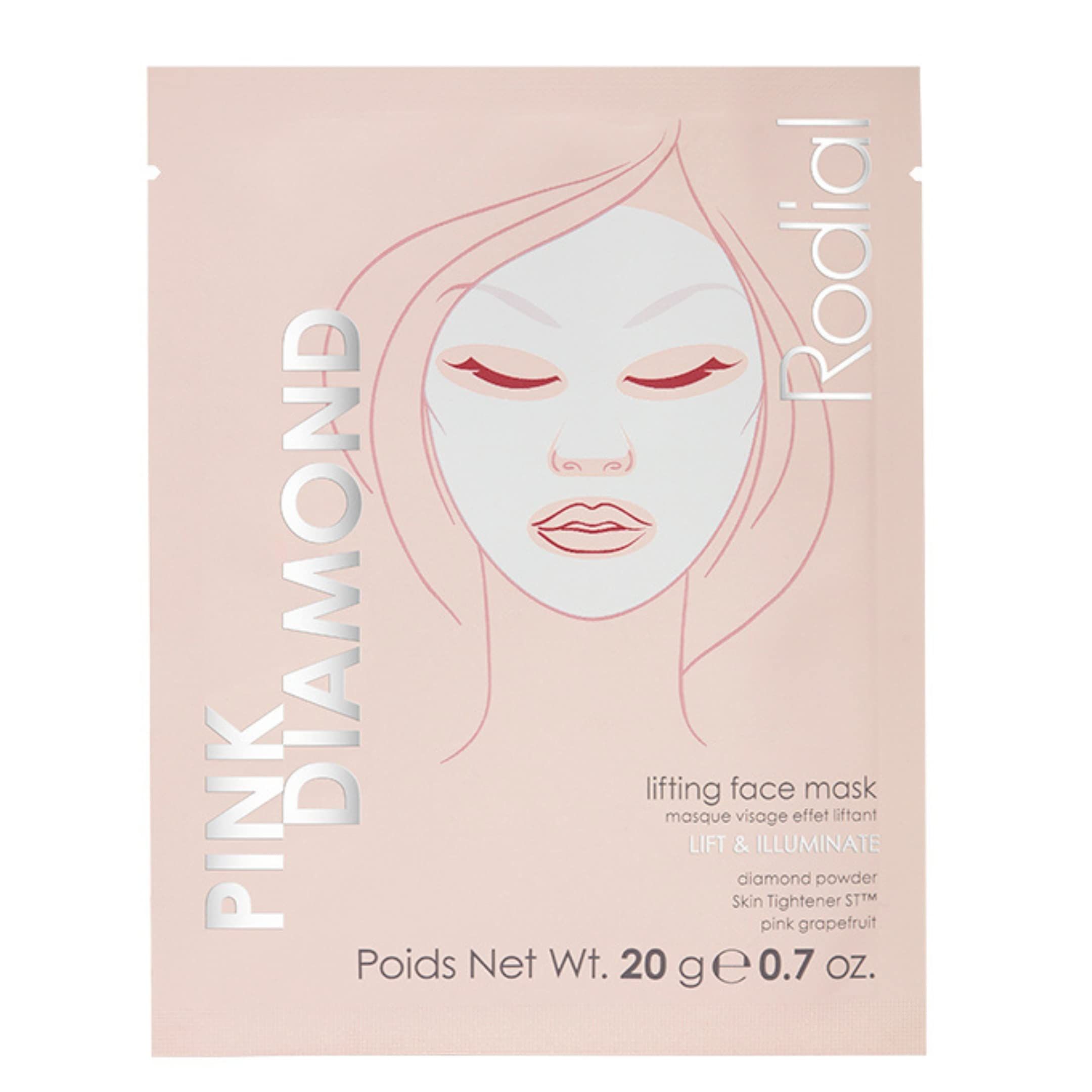 Maschera viso liftante Rodial Pink Diamond rosa. Confezione con nome e descrizione del prodotto. Stampa di un volto.