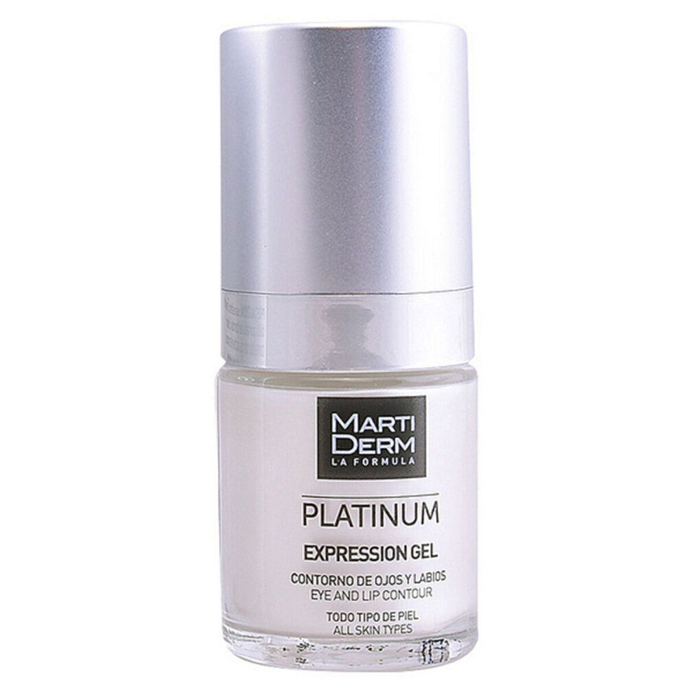Prodotto cilindrico con tappo argentato. Scritta: Marti Derm Platinum Expression Gel. Per il contorno occhi e labbra.