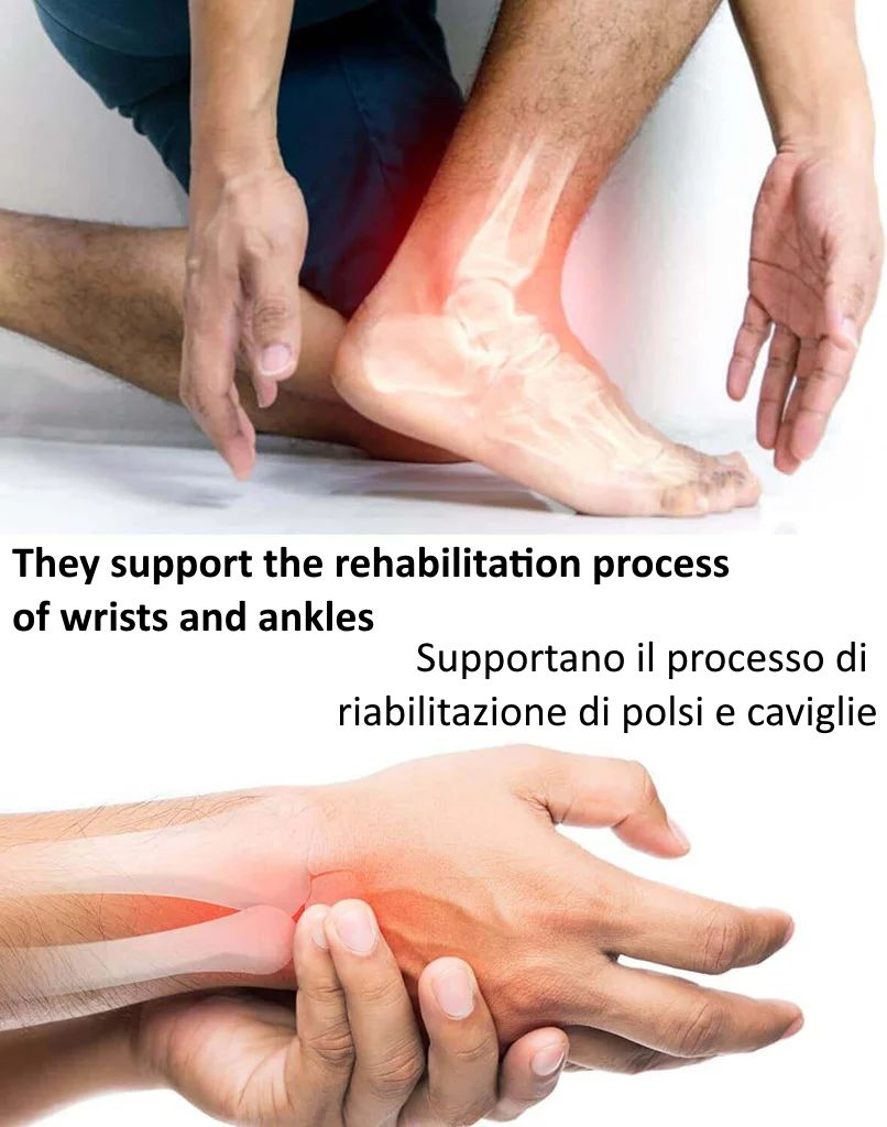 Immagine che mostra mani e piedi. Testo: "They support the rehabilitation process of wrists and ankles". Tradotto in italiano.