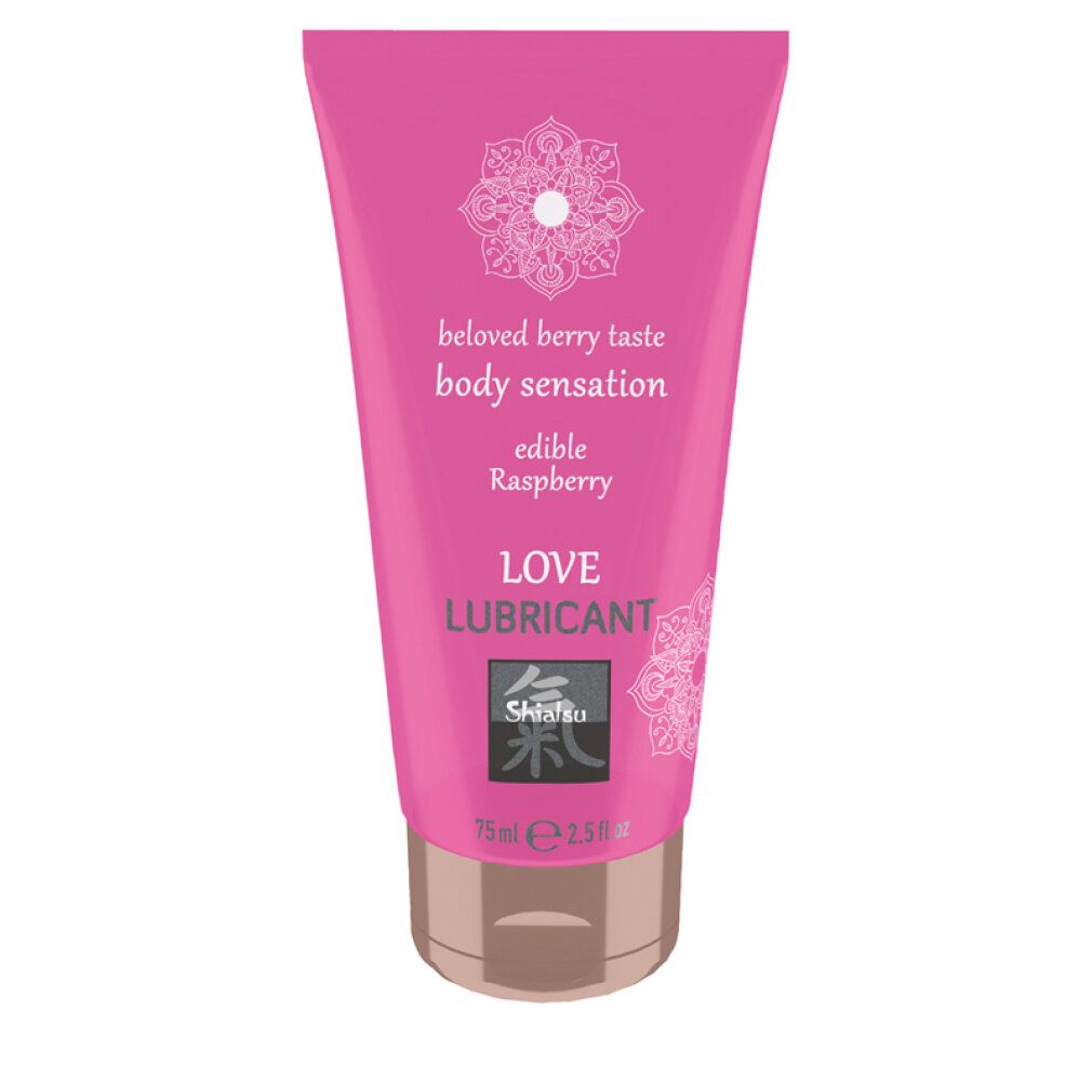 Tubo rosa con testo bianco. Testo: beloved berry taste, body sensation, edible Raspberry, LOVE LUBRICANT. Marchio: Shiatsu. Volume: 75ml.