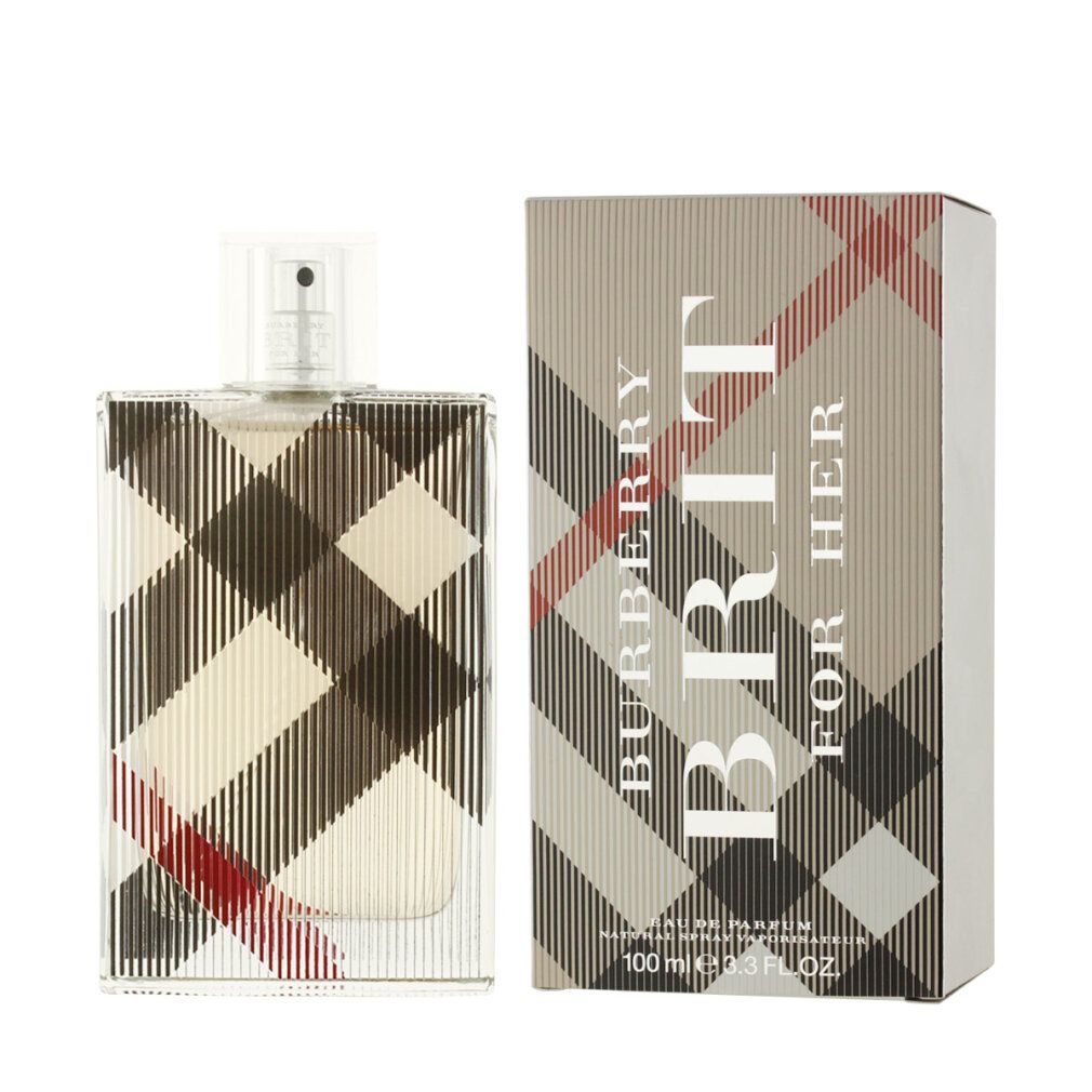 Flacone e confezione Burberry Brit For Her. Motivo a quadri. Flacone con vaporizzatore.