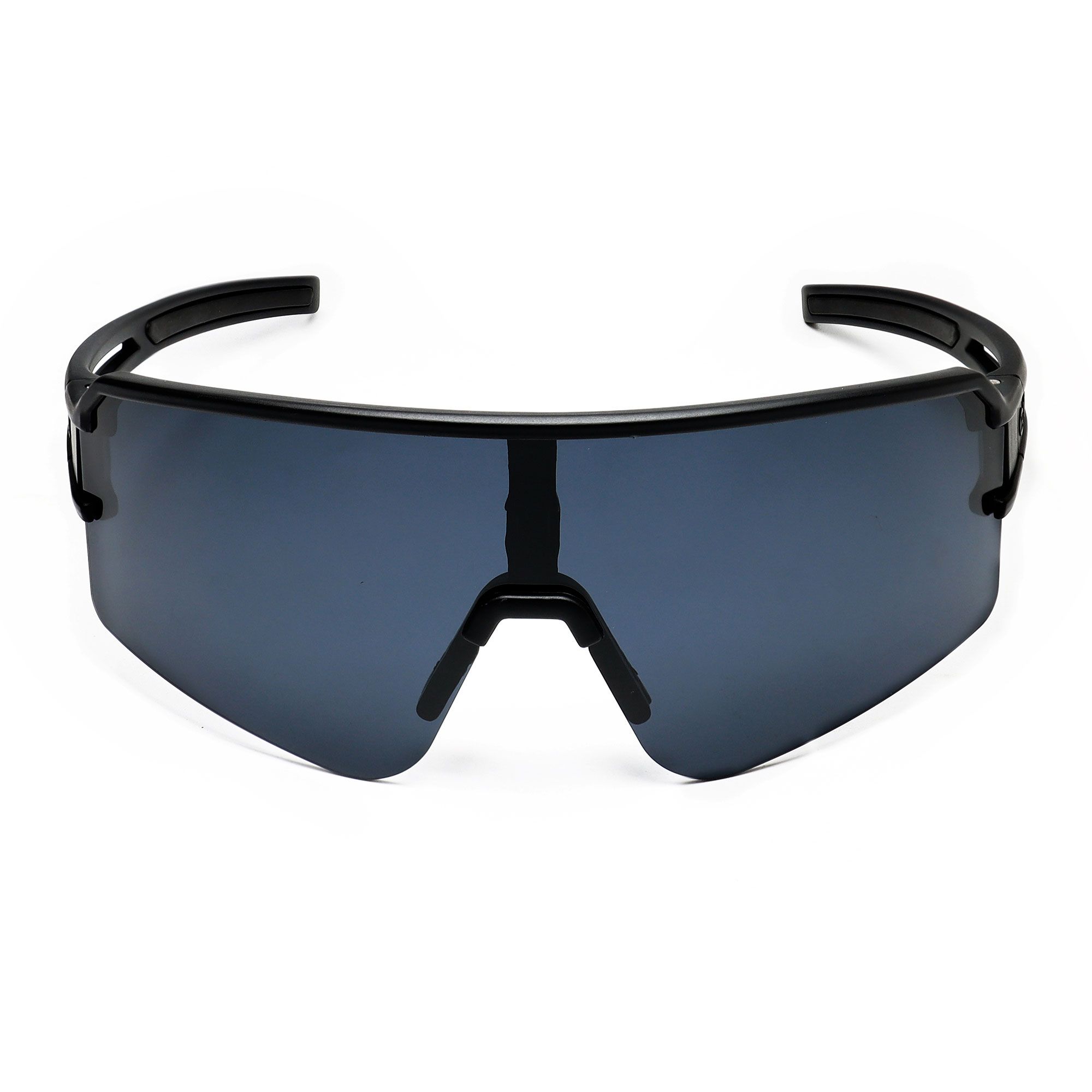 Occhiali da sole sportivi neri con lente monoblocco blu scuro e montatura nera.