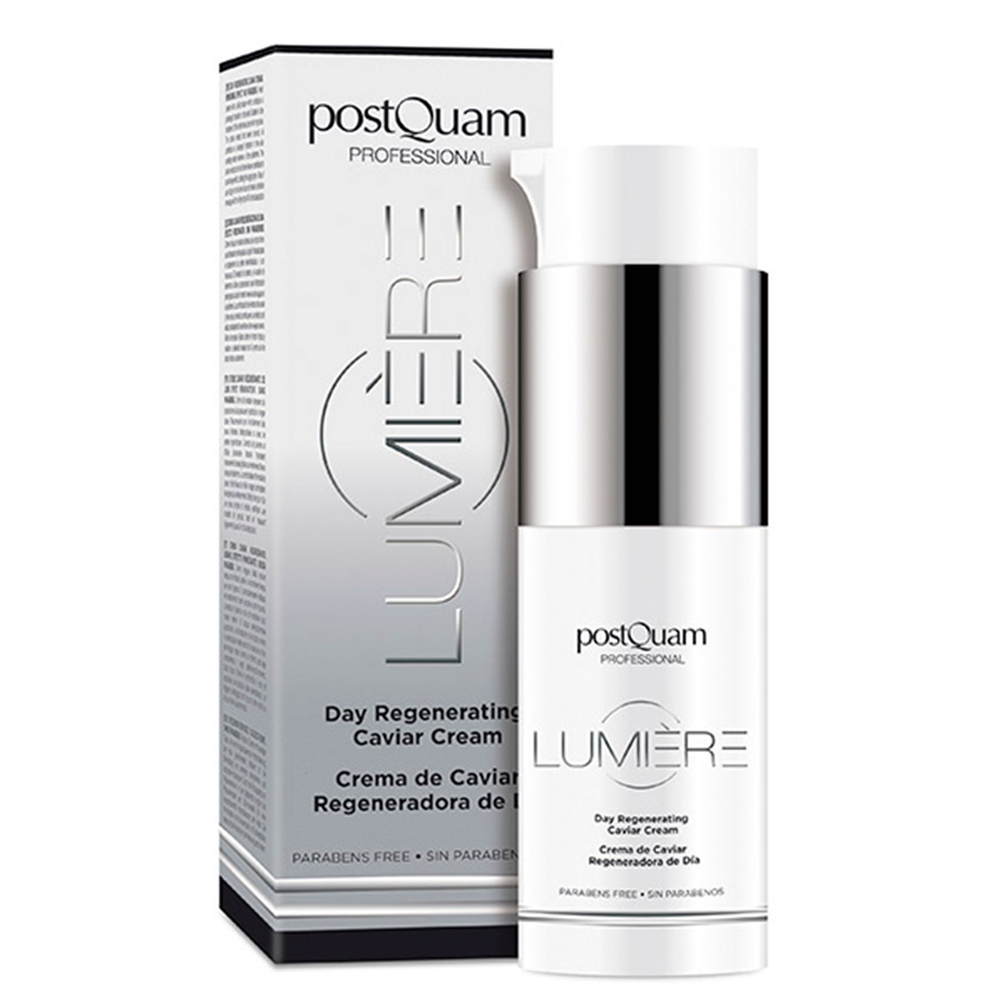 Flacone di crema con confezione. Scritta: PostQuam Professional, Lumière, Day Regenerating Caviar Cream. Tappo argentato.
