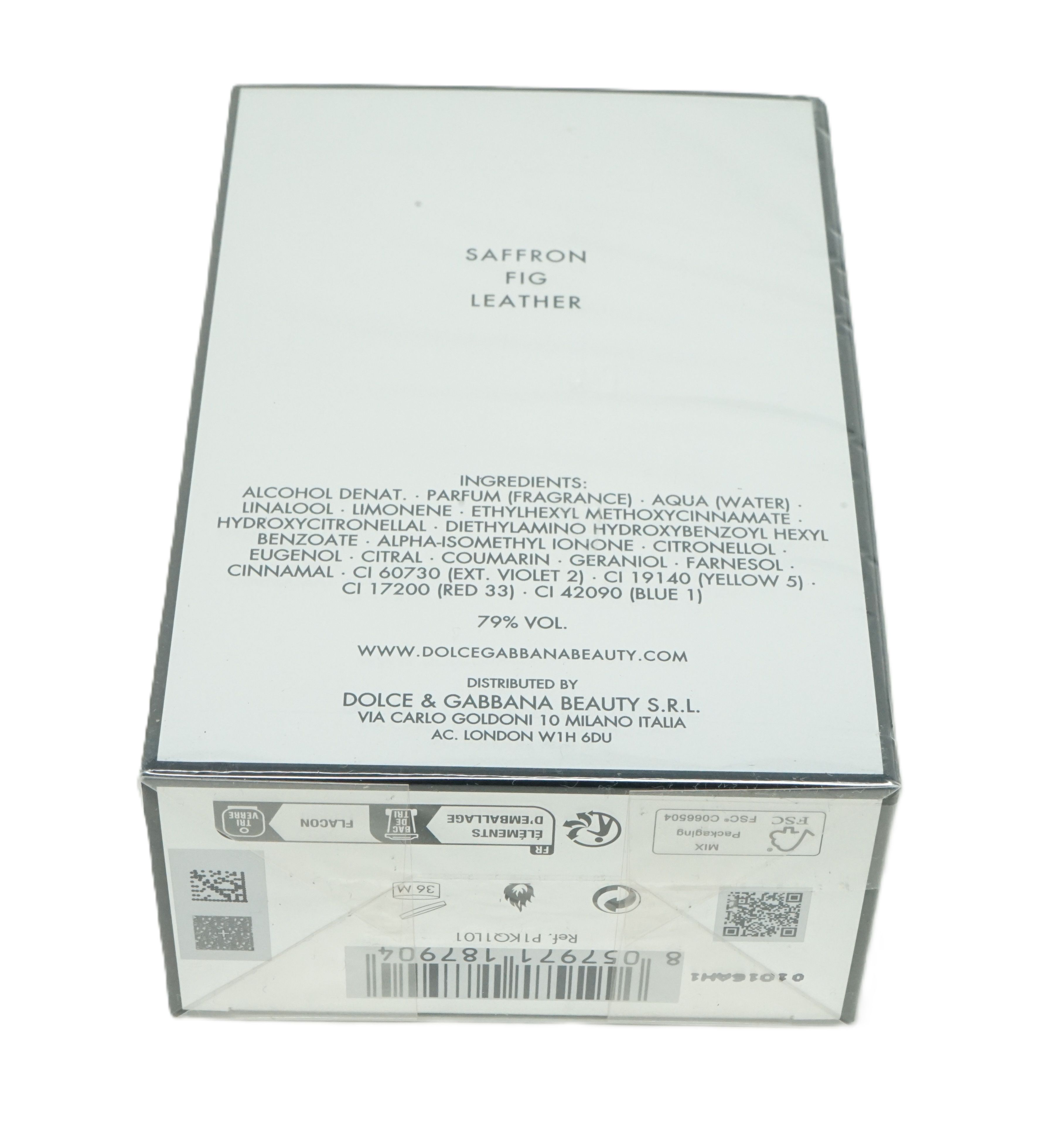 Retro della confezione con ingredienti e informazioni. Scritta: SAFFRON FIG LEATHER.