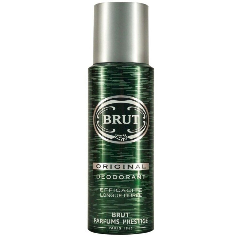 Spray deodorante verde con tappo argentato. Scritta: BRUT, Deodorante Original, Efficacia lunga durata.