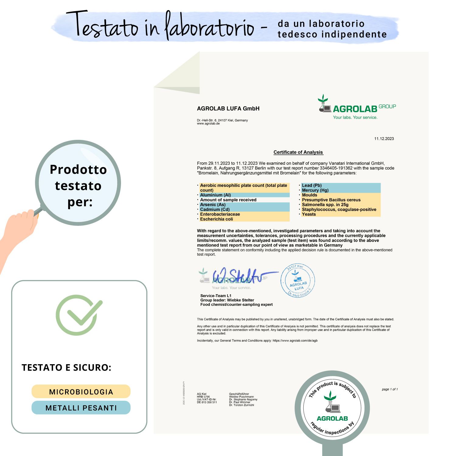Certificato di Agrolab. Conferma dei test di microbiologia e metalli pesanti. Firma.