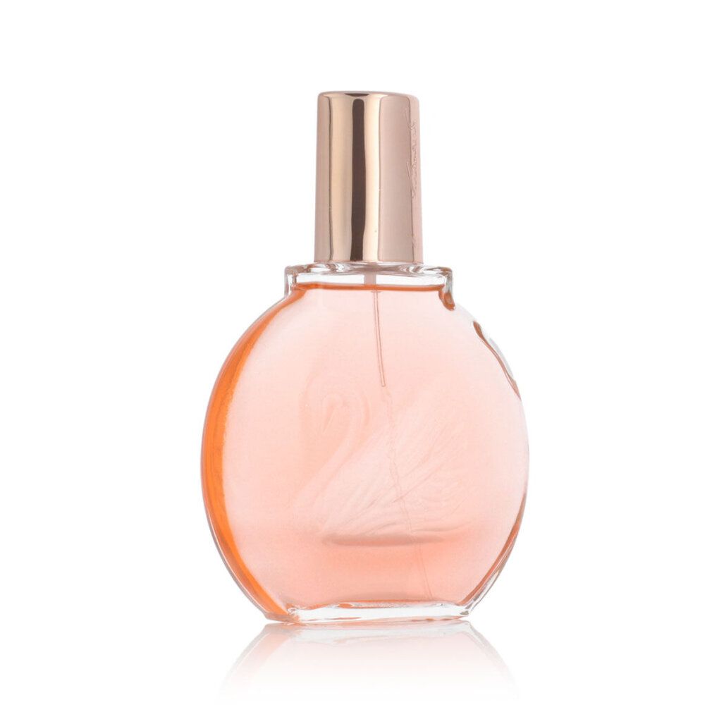Flacone rotondo con liquido rosa e vaporizzatore dorato. Un cigno è raffigurato sul flacone.