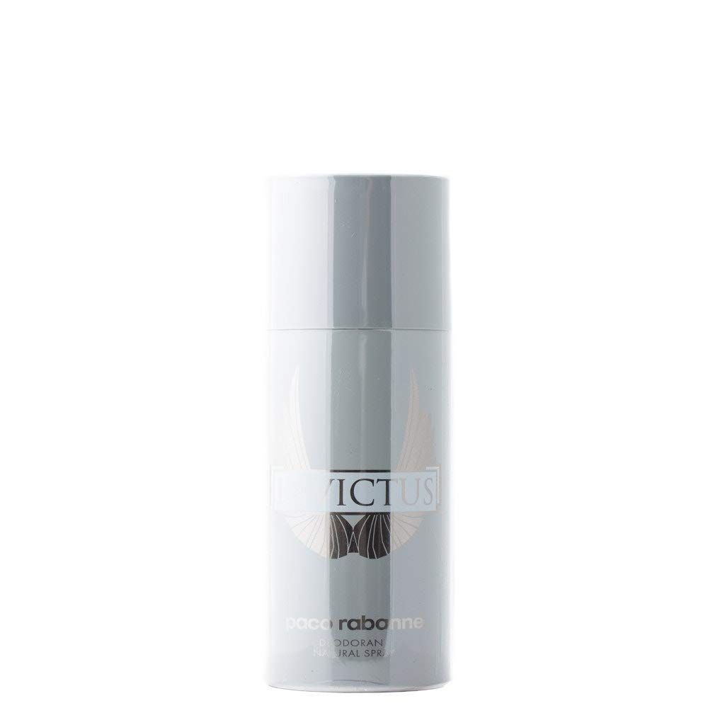 Spray deodorante grigio con logo "Invictus" e ali. Visibili "Paco Rabanne" e "Deodorant Natural Spray".