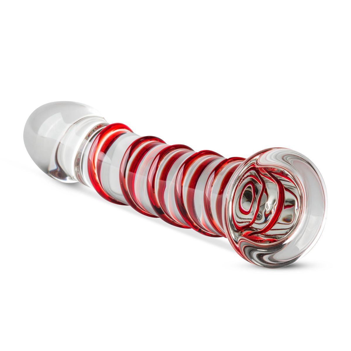 Dildo in vetro con spirale rossa. Stelo trasparente con estremità arrotondate. Decorazione rossa a spirale.