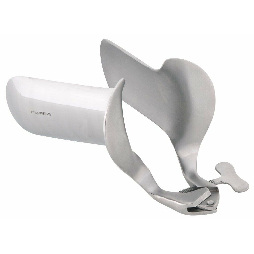 Speculum vaginale in acciaio inox. Metallo lucido. Con alette e meccanismo a vite. Marchio visibile: DE LA MOTTE.