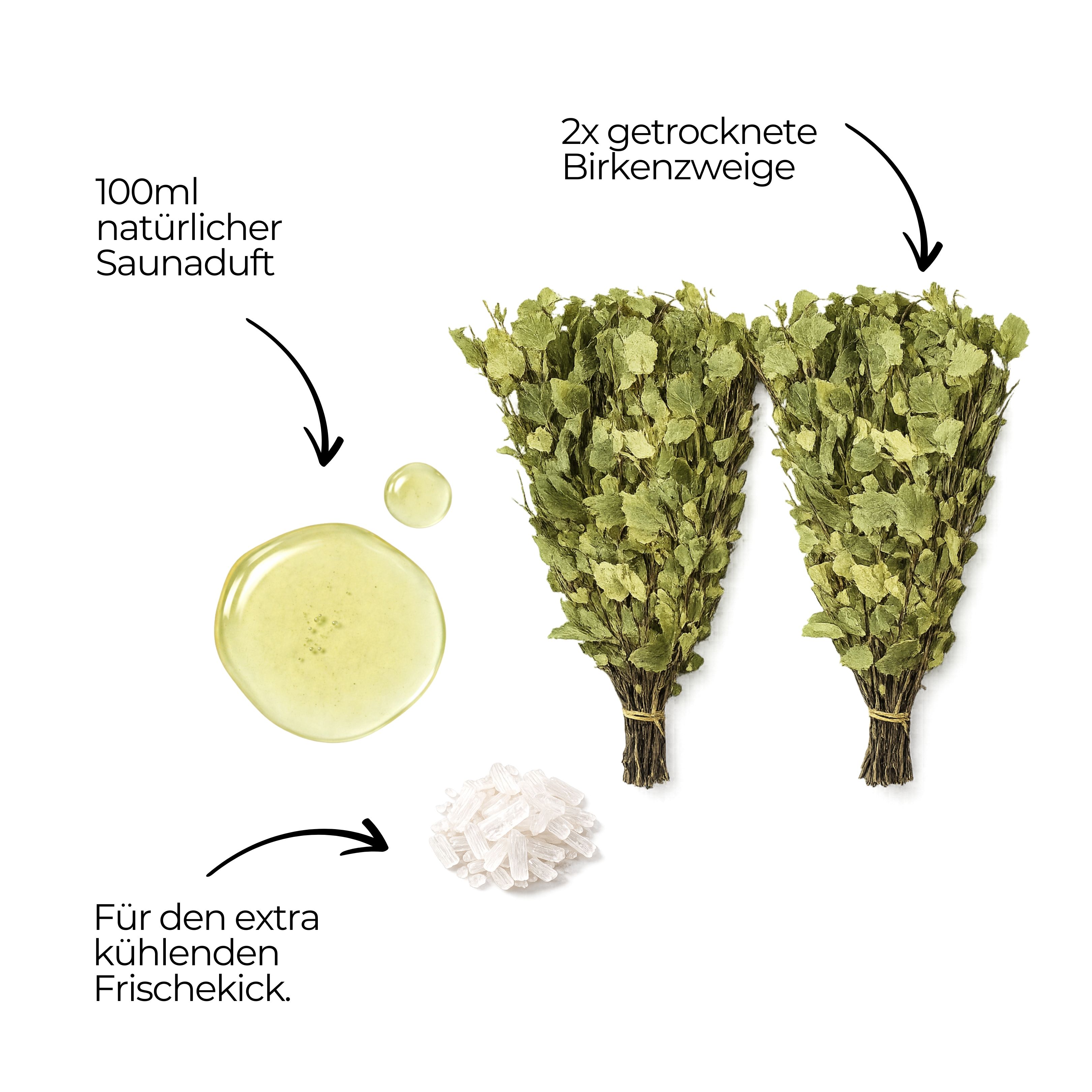 Profumo per sauna, rami di betulla, cristalli di mentolo. Scritta: 100ml profumo per sauna, 2x rami di betulla essiccati.