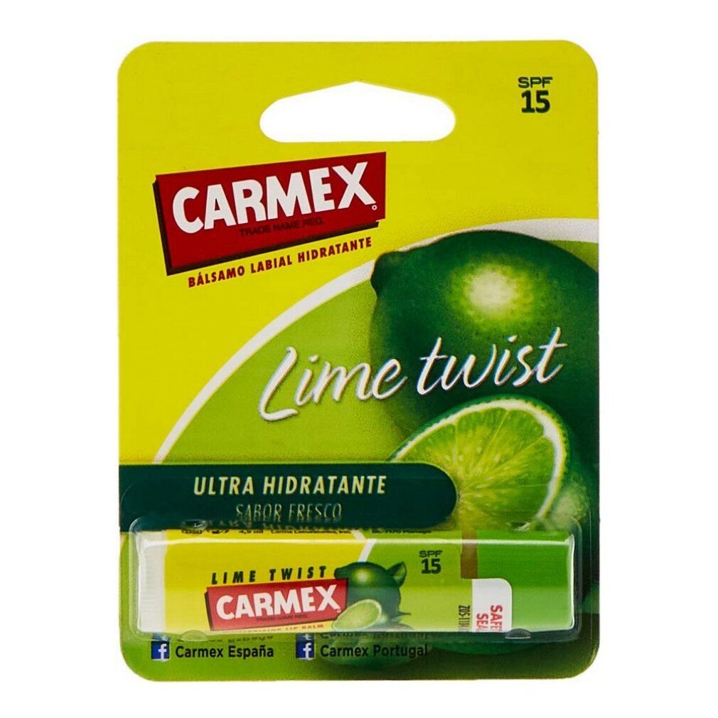 Stick balsamo labbra Carmex Lime Twist in confezione. Confezione giallo-verde con immagine del prodotto e testo. Contiene SPF 15.