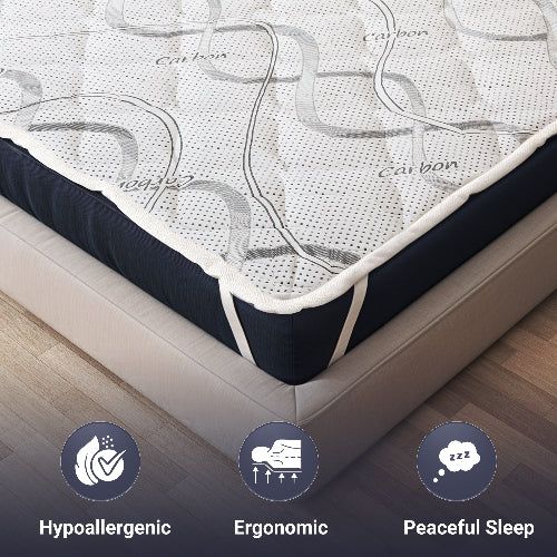 Coprimaterasso su un materasso con elastici e icone: Ipoallergenico, Ergonomico, Sonno sereno.